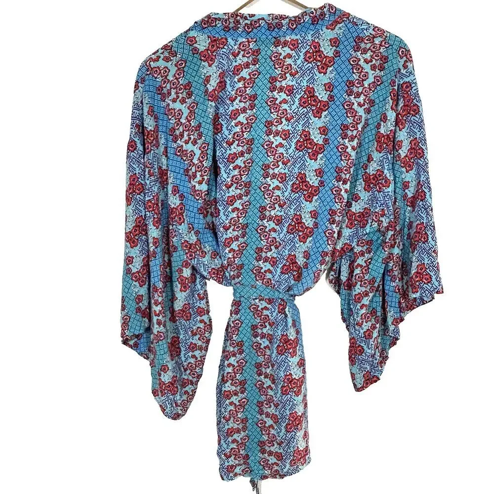 Josie Natori Kimono Robe Jacket Size Large Rayon Blue Floral Print Boho Hippie - Picture 9 of 11